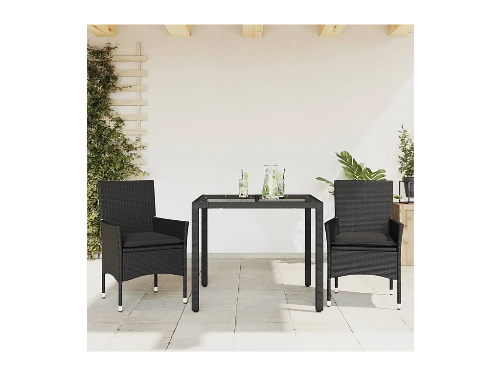 Ensemble à manger de jardin et coussins 3 pièces noir rotin verre