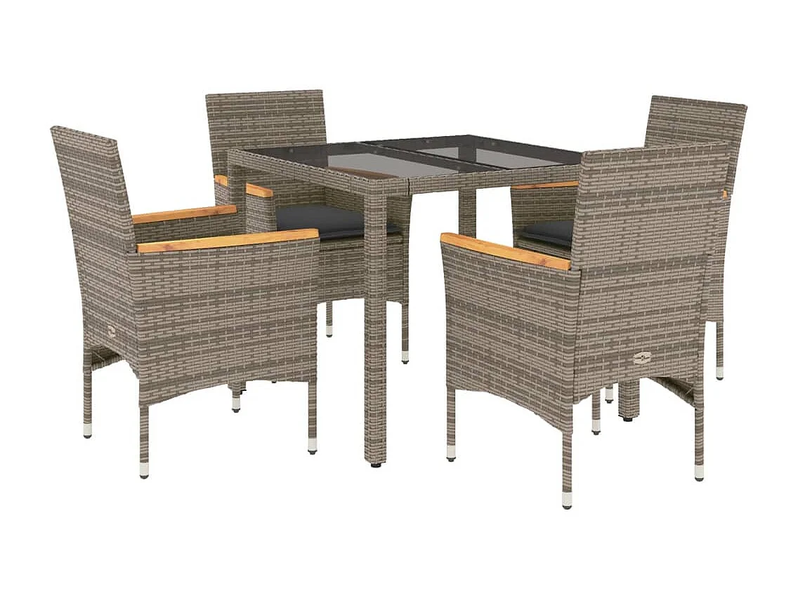 5 peças conjunto jantar jardim com almofadões vime PE/vidro cinza