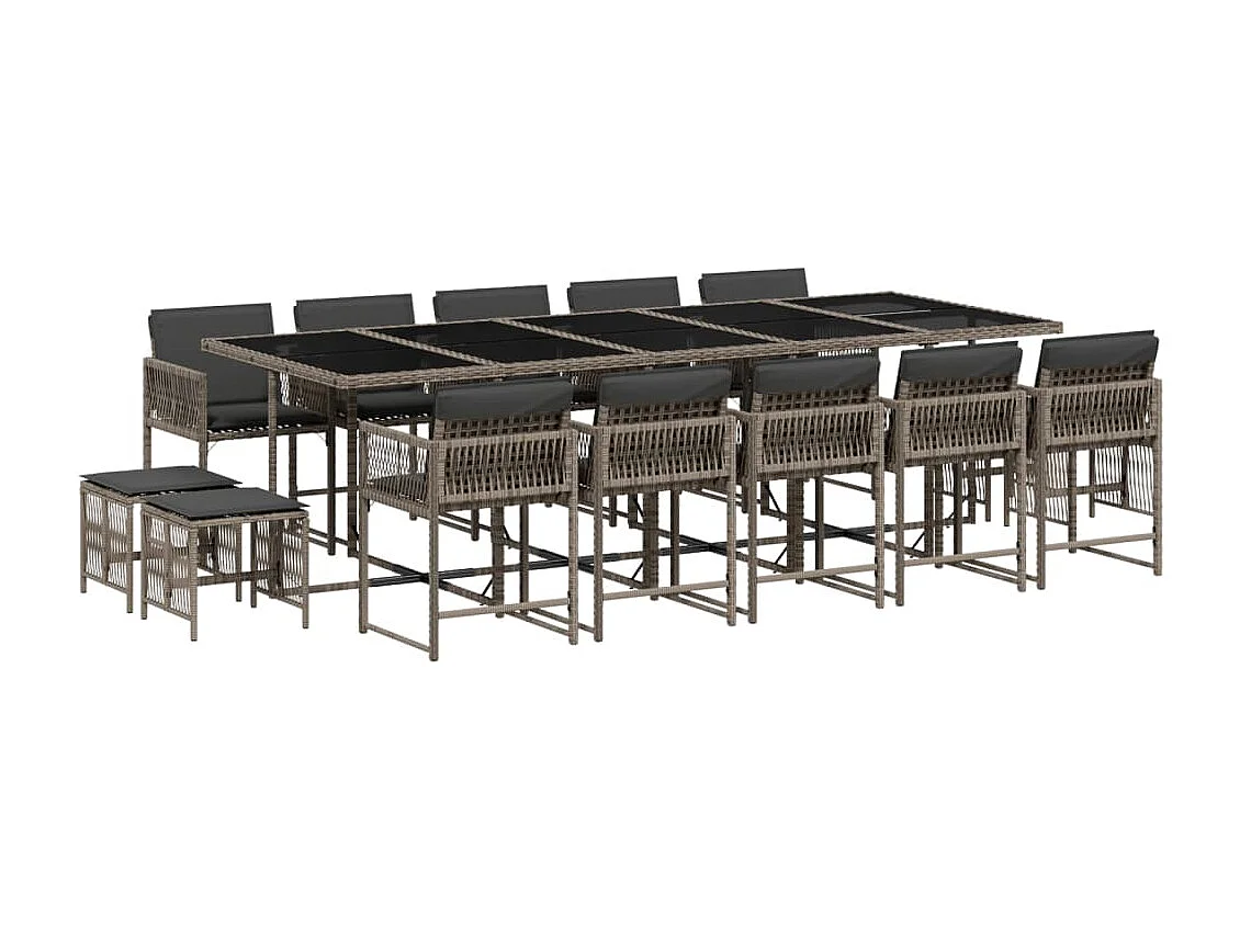 15 peças conjunto jantar para jardim com almofadões vime PE cinzento