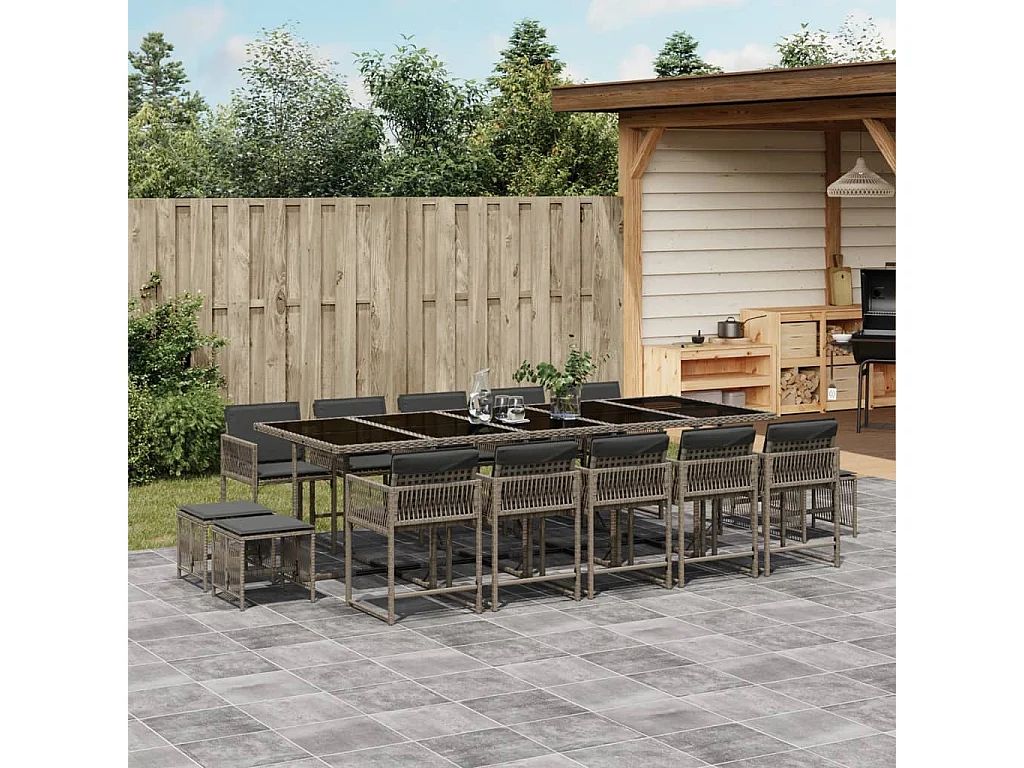 Set comedor de jardín con cojines 15 piezas ratán sintético gris