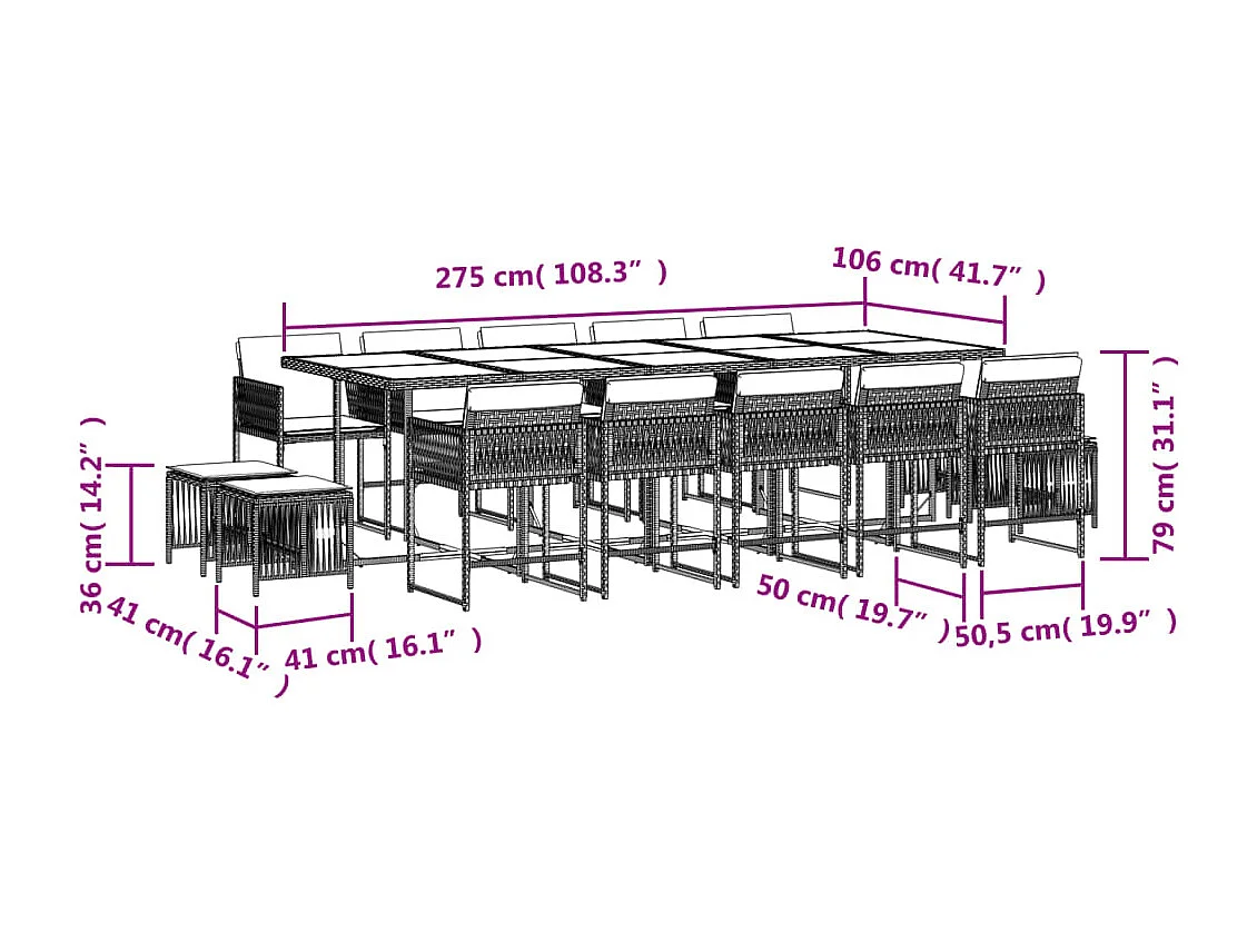 Set comedor de jardín con cojines 15 piezas ratán sintético gris