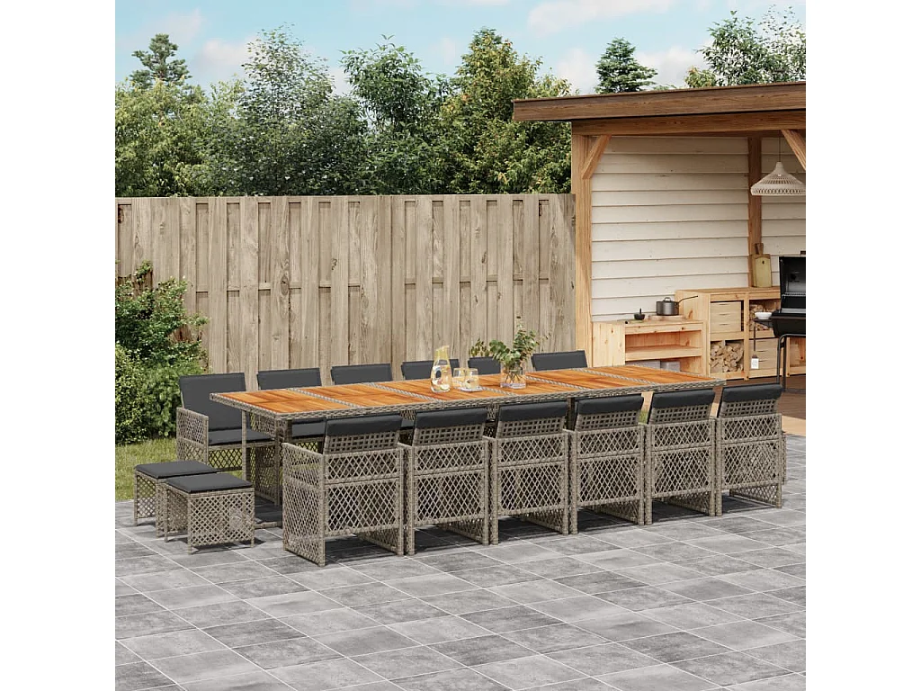 Set comedor de jardín 17 piezas y cojines ratán sintético gris