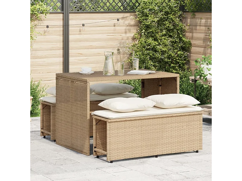 3 peças conjunto de jantar para jardim com almofadões vime PE bege