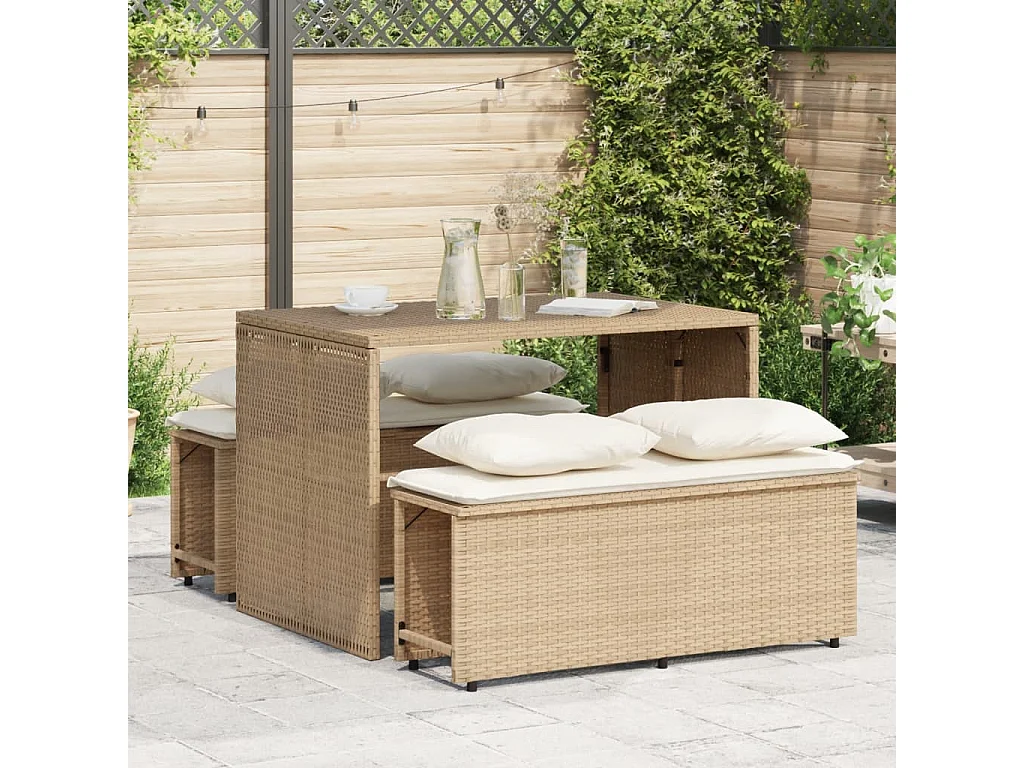 Ensemble à manger de jardin et coussins 3 pièces Beige poly rotin