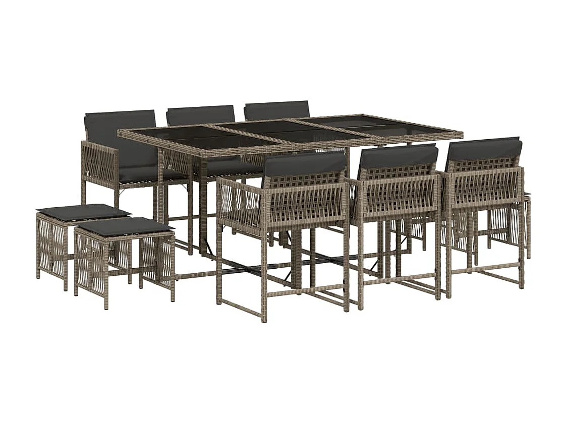 Set de comedor de jardín 11 piezas y cojines ratán sintético gris