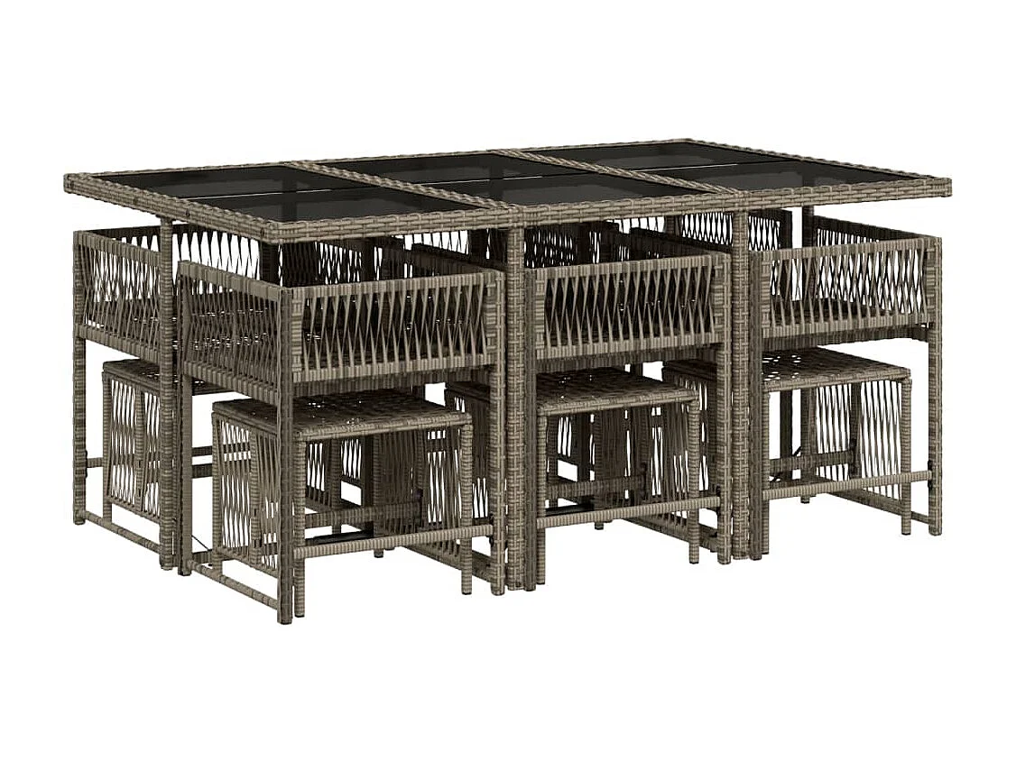 Set de comedor de jardín 11 piezas y cojines ratán sintético gris