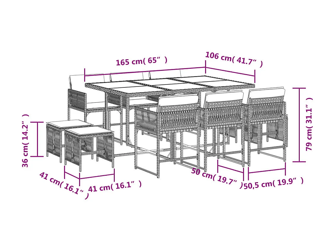 Set de comedor de jardín 11 piezas y cojines ratán sintético gris
