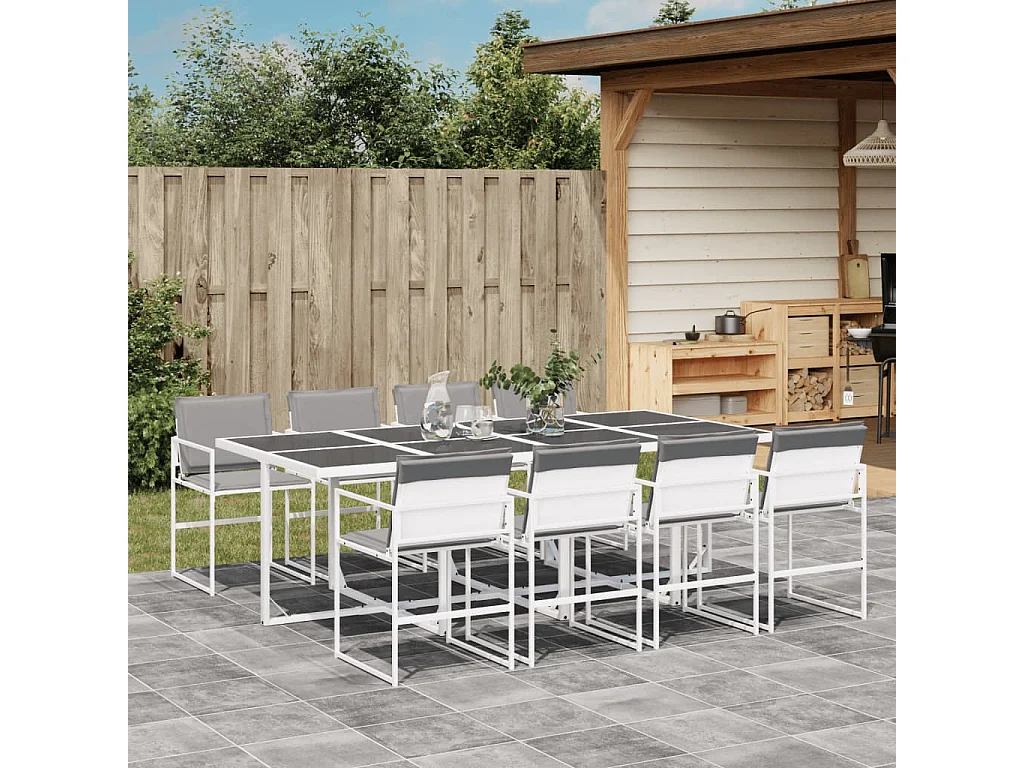 Ensemble à manger de jardin avec coussins 9 pièces blanc textilène