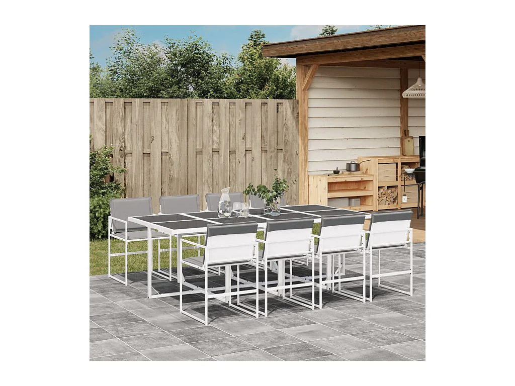 Ensemble à manger de jardin avec coussins 9 pièces blanc textilène