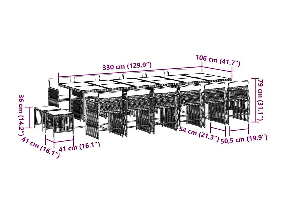 17 peças conjunto de jantar para jardim com almofadões vime PE preto