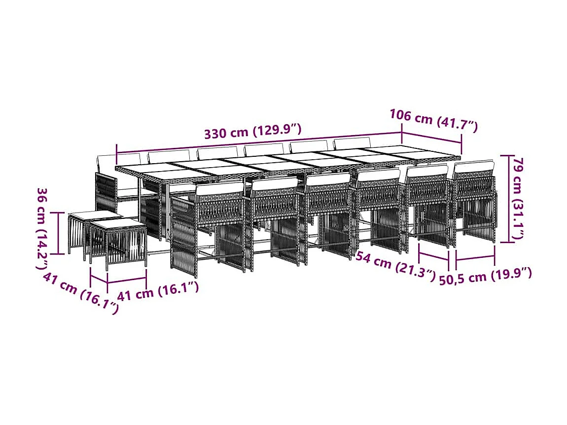 17 peças conjunto de jantar para jardim com almofadões vime PE preto