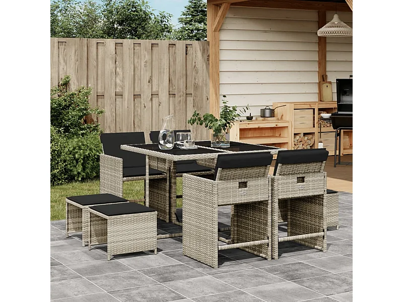 9 peças conjunto de jantar para jardim com almofadões cinzento claro