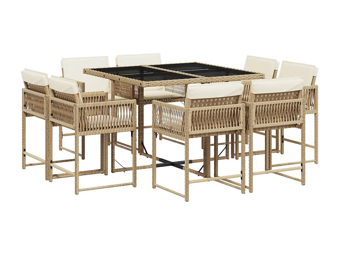 Set comedor de jardín 9 piezas con cojines ratán sintético beige