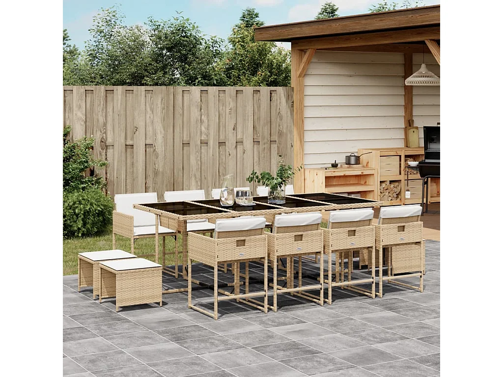 Set comedor de jardín con cojines 13 piezas ratán sintético beige