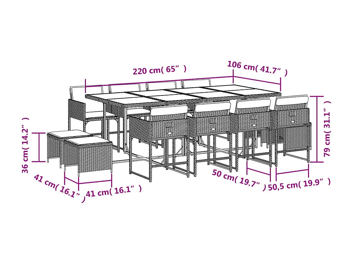 Set comedor de jardín con cojines 13 piezas ratán sintético beige