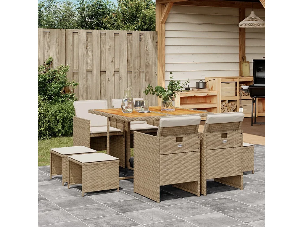 Set comedor de jardín 9 piezas con cojines ratán sintético beige