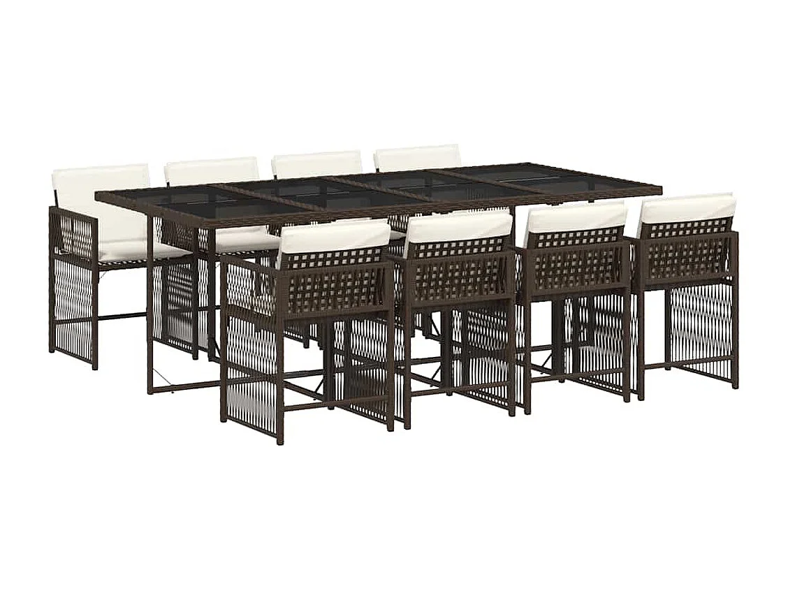 Ensemble à manger de jardin et coussins 9 pièces marron poly rotin
