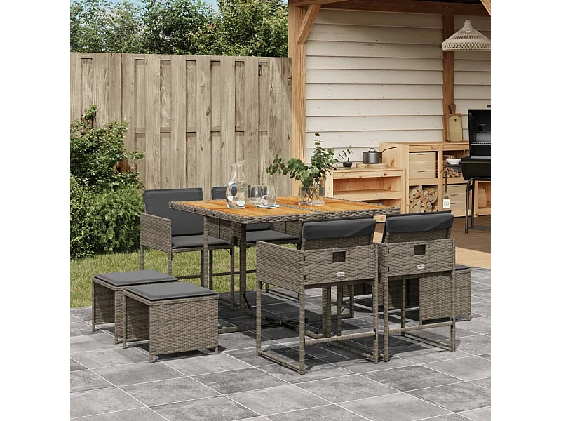 9 peças conjunto de jantar para jardim com almofadões vime PE cinza