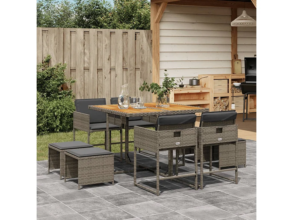 9 peças conjunto de jantar para jardim com almofadões vime PE cinza