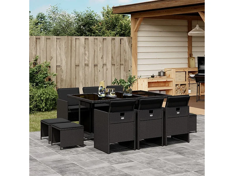 11-delige Tuinset met kussens poly rattan zwart