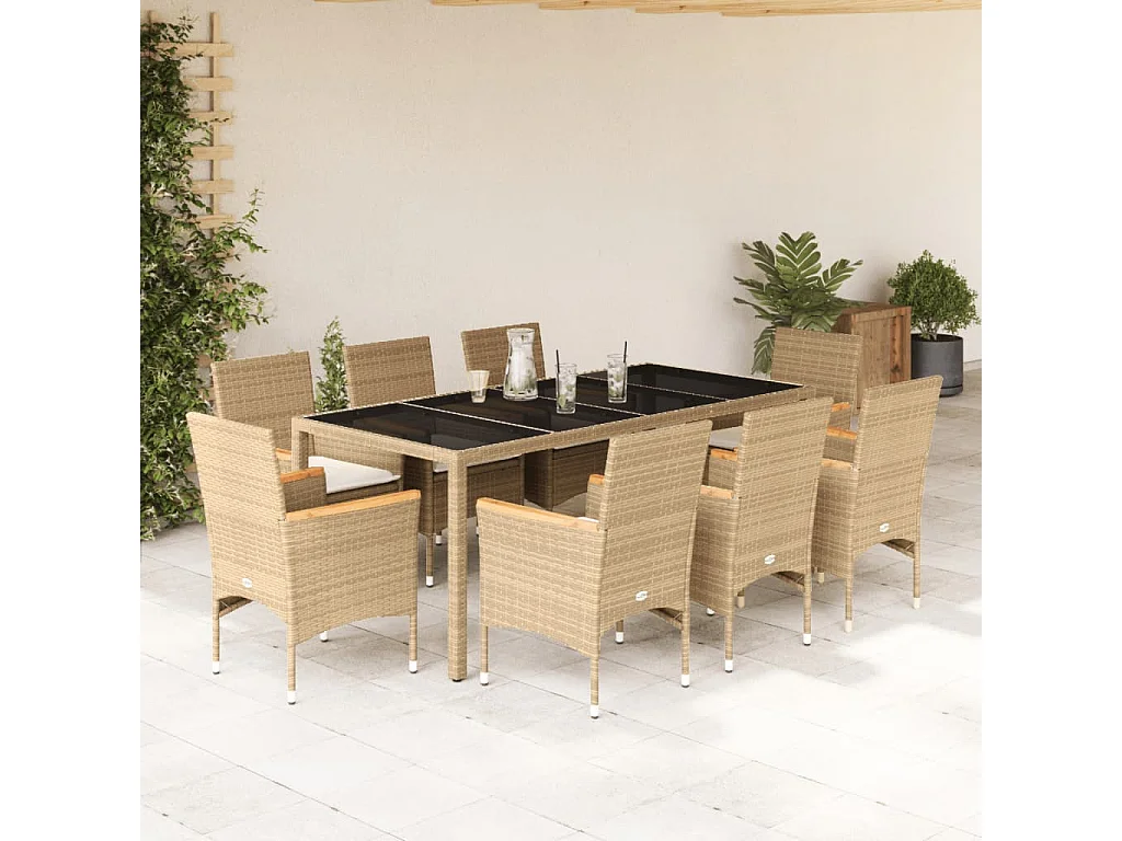 Set comedor jardín 9 piezas cojines ratán sintético vidrio beige