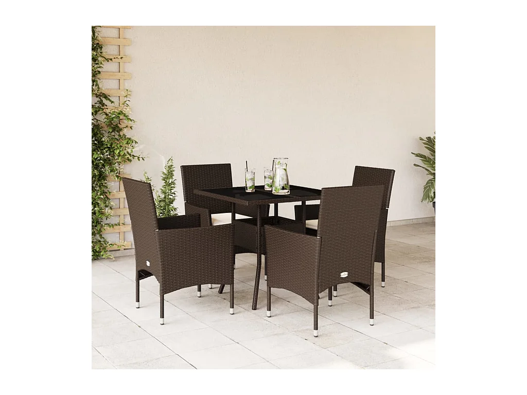 5-delige Tuinset met kussens poly rattan en glas bruin