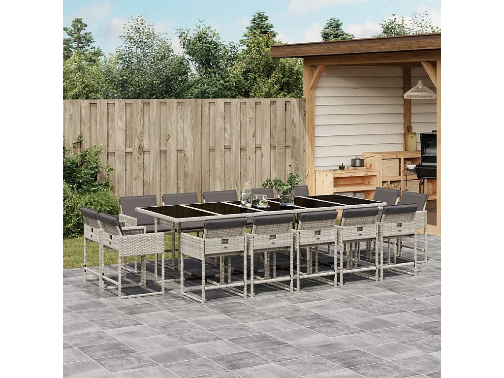 Ensemble à manger de jardin et coussins 15 pièces gris clair rotin