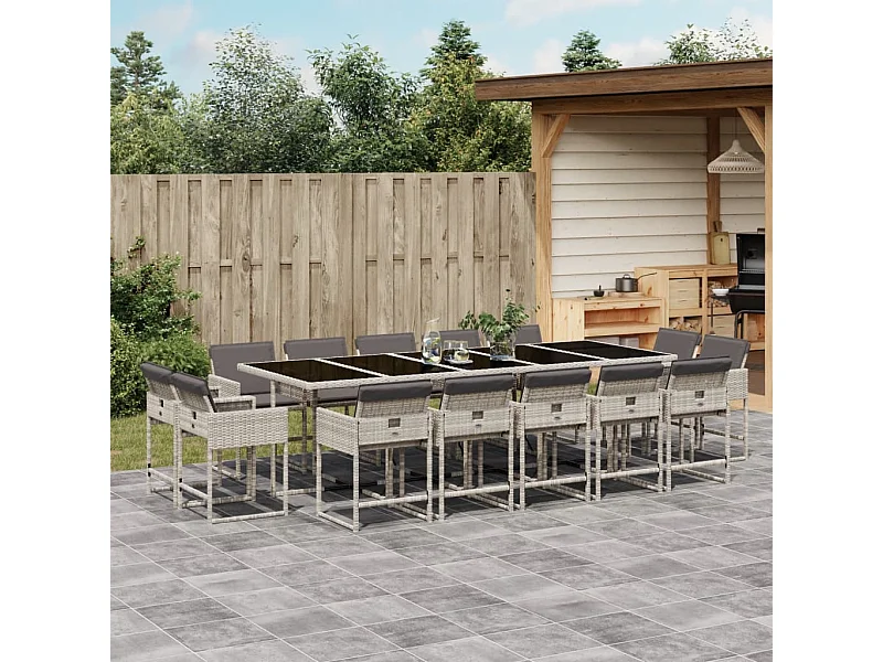 Ensemble à manger de jardin et coussins 15 pièces gris clair rotin