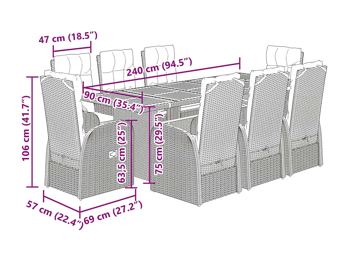 Set de comedor de jardín 9 piezas y cojines ratán sintético negro