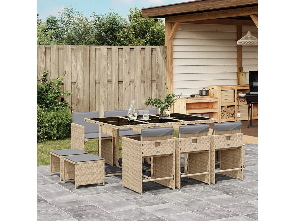 Set comedor de jardín 11 piezas con cojines ratán sintético beige