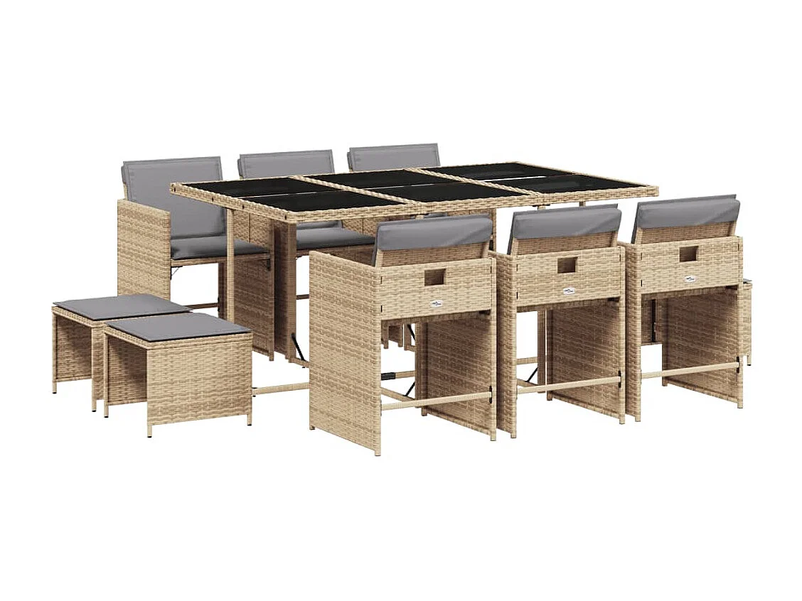 Set comedor de jardín 11 piezas con cojines ratán sintético beige