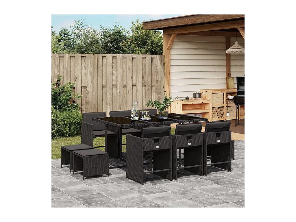 11 peças conjunto de jantar para jardim com almofadões vime PE preto