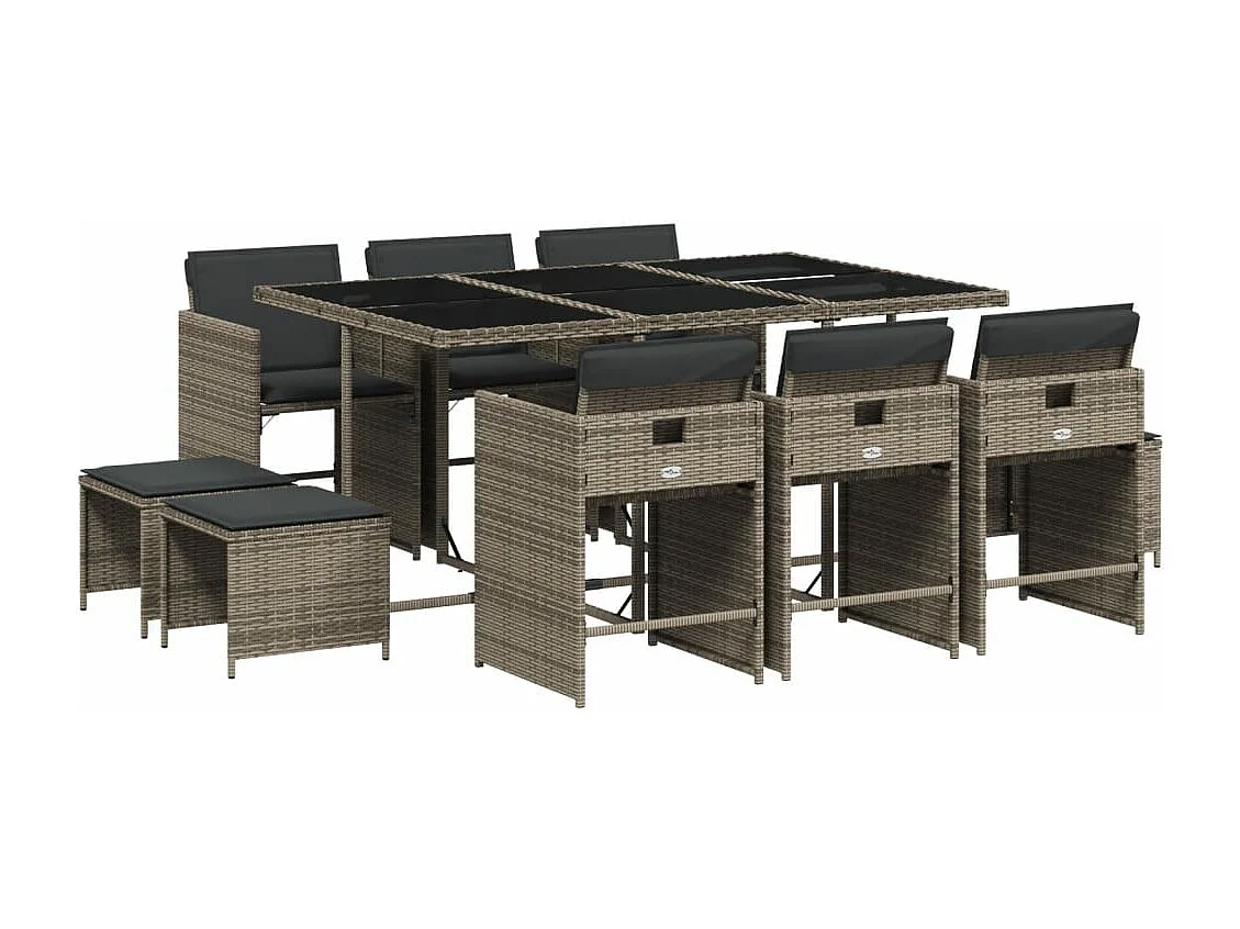 Set de comedor de jardín 11 piezas y cojines ratán sintético gris