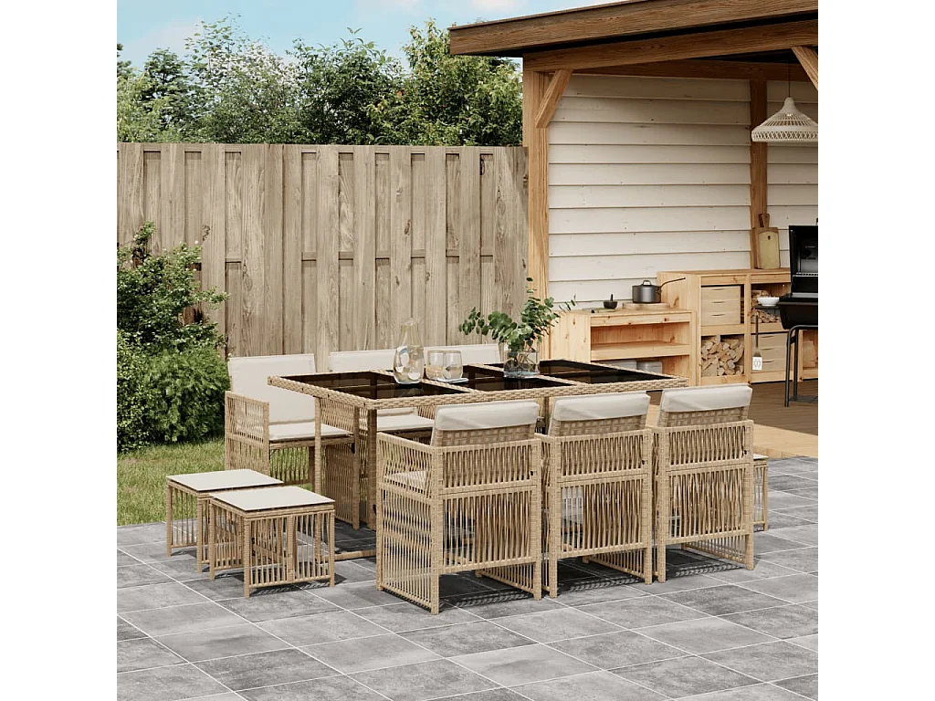 Set comedor de jardín 11 piezas con cojines ratán sintético beige