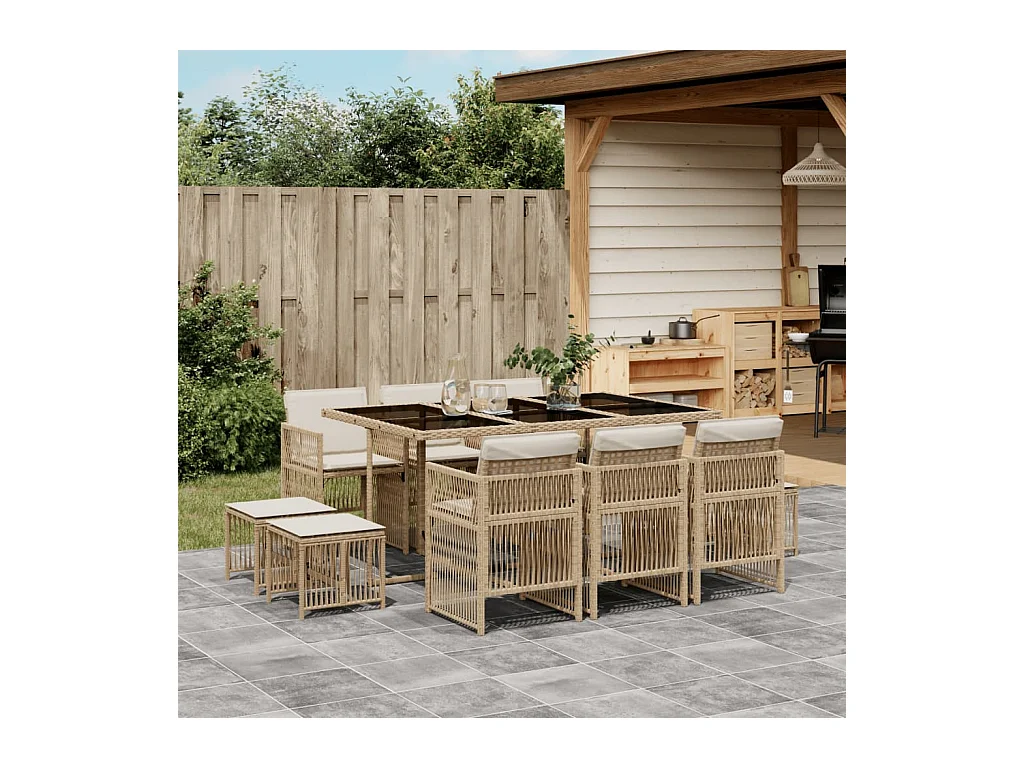 Ensemble à manger de jardin et coussins 11 pièces beige poly rotin