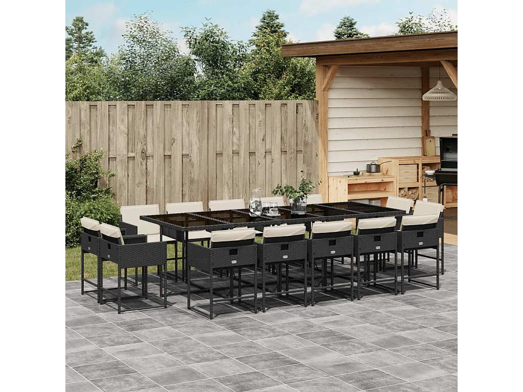 Set comedor de jardín con cojines 15 piezas ratán sintético negro