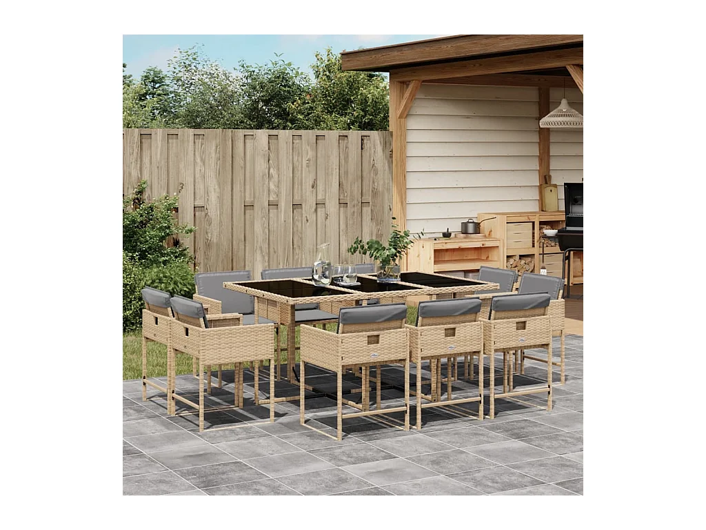 Set comedor de jardín 11 piezas con cojines ratán sintético beige