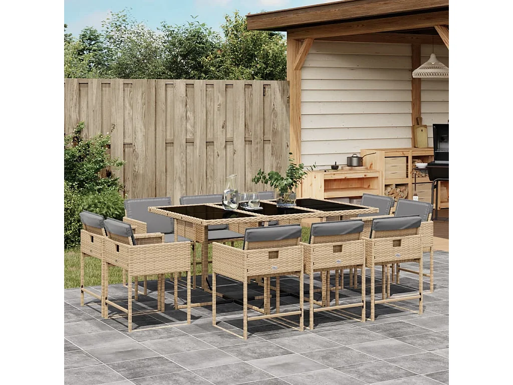 Set comedor de jardín 11 piezas con cojines ratán sintético beige