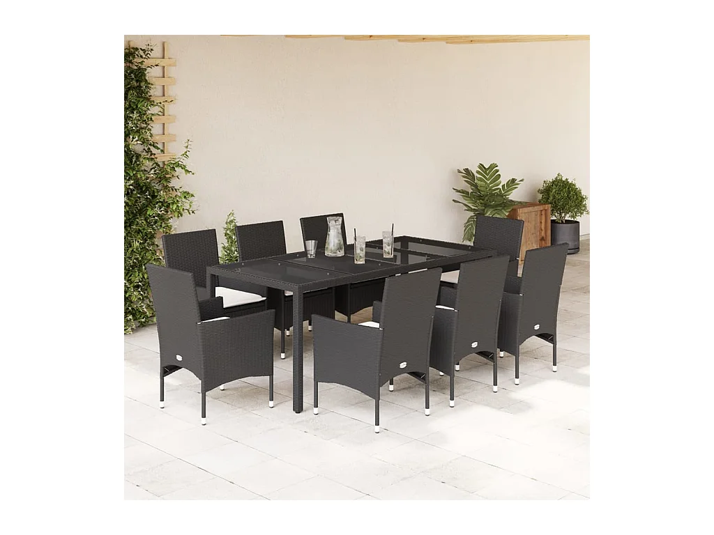 Ensemble à manger de jardin et coussins 9 pièces noir rotin verre