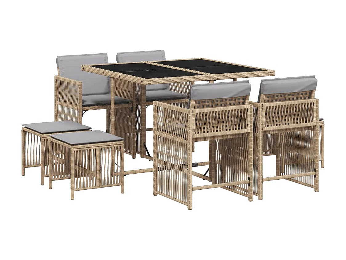 Ensemble à manger de jardin et coussins 9 pièces mélange beige