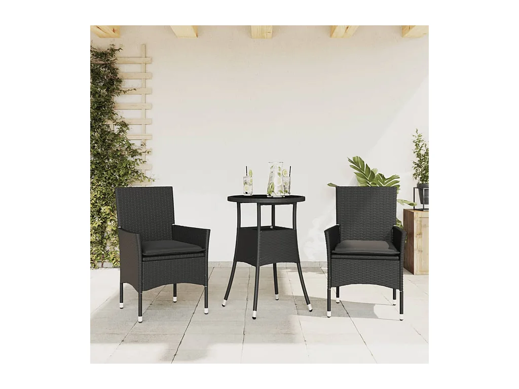 Ensemble à manger de jardin et coussins 3 pièces noir rotin verre
