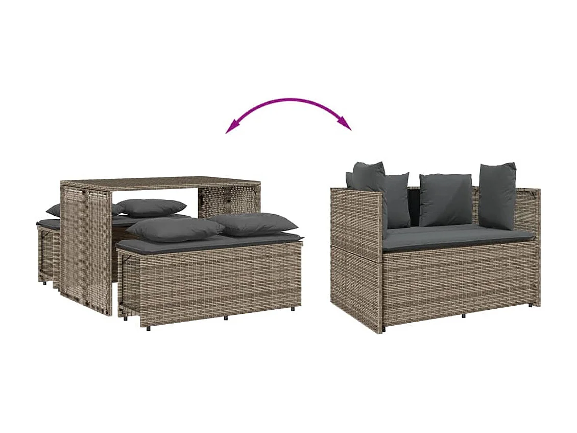 3 peças conjunto de jantar para jardim com almofadões vime PE cinza