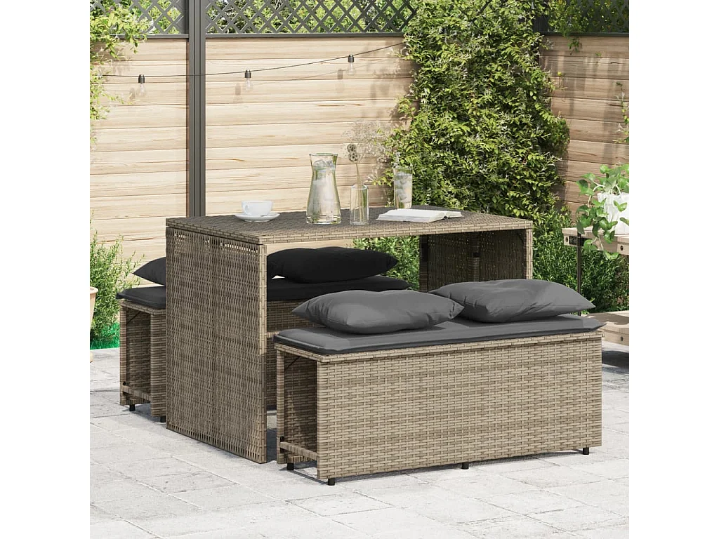 Set comedor de jardín 3 piezas con cojines ratán sintético gris