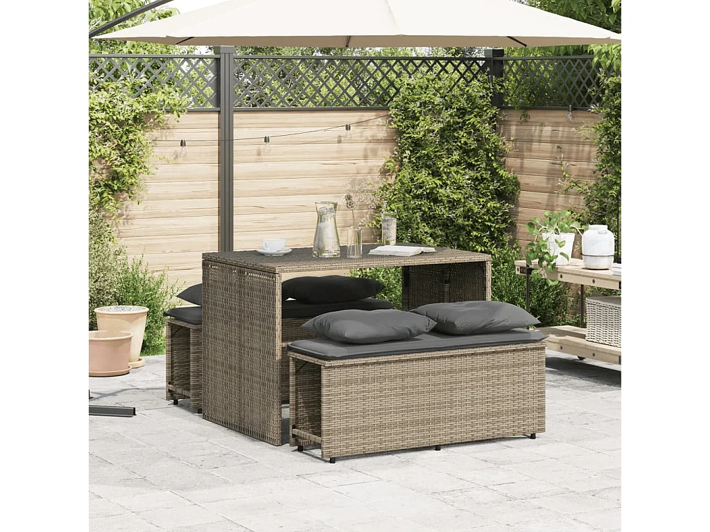 Set comedor de jardín 3 piezas con cojines ratán sintético gris