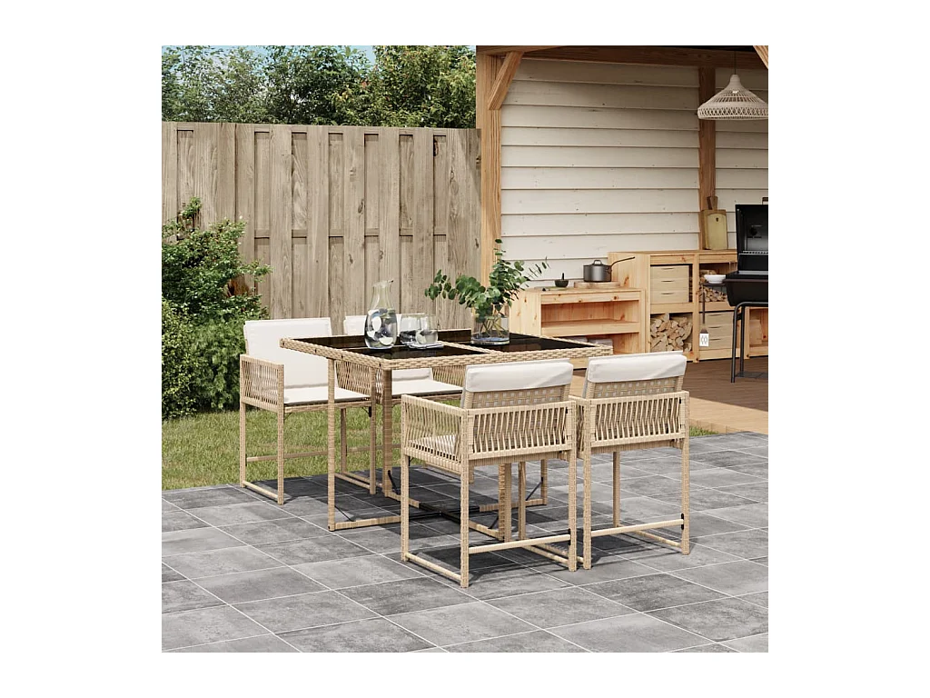 Set comedor de jardín 5 piezas con cojines ratán sintético beige