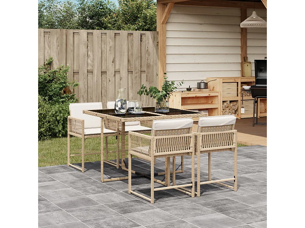 5 peças conjunto de jantar para jardim com almofadões vime PE bege