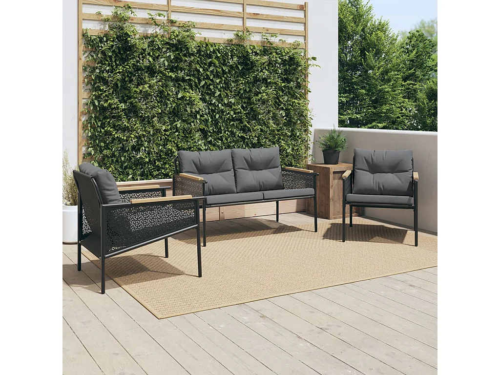 Ensemble de meubles de balcon avec coussins 3 pièces noir acier