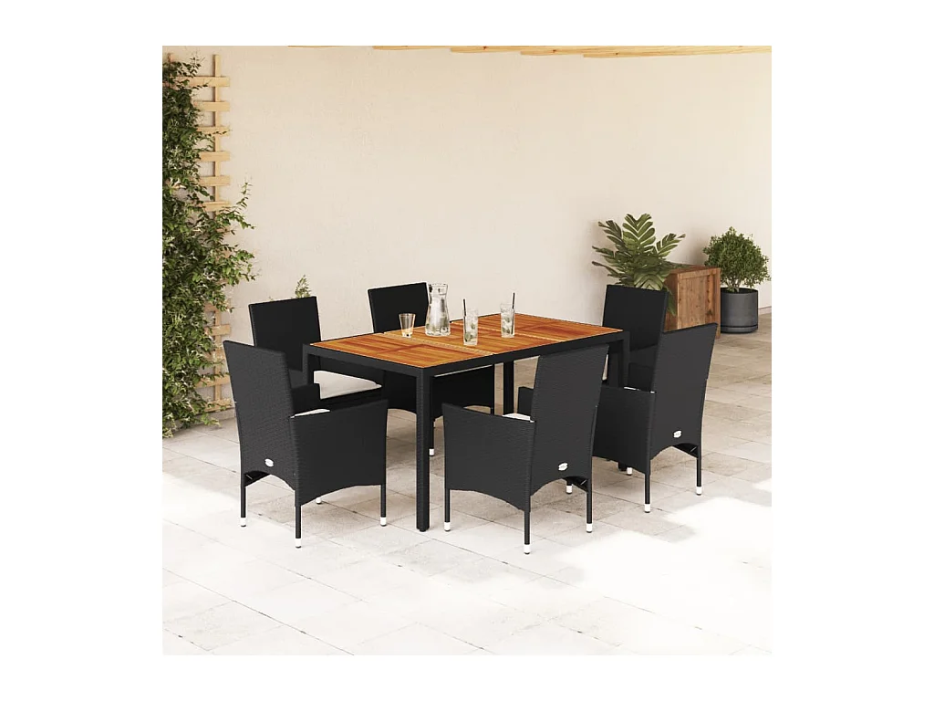 Ensemble à manger de jardin et coussins 7 pièces noir rotin acacia