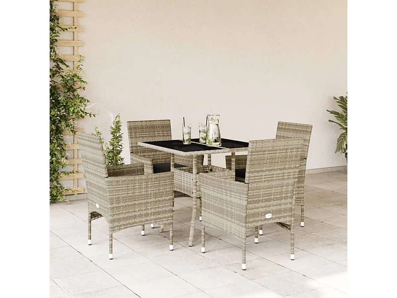 Ensemble à manger de jardin avec coussins 5 pièces rotin et verre