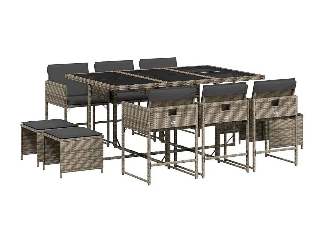 Set de comedor de jardín 11 piezas y cojines ratán sintético gris